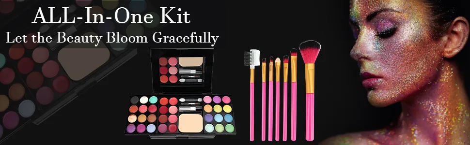 Makeup Brushes Cosmetic Palette Set TimeSong Professional Makeup Palette Kit (Include: Eyeshadow & Blusher & Face Powder & Lip Gloss) + Makeup Brushes Set (7pcs Pink Brushes) - eyeshadow palettes
