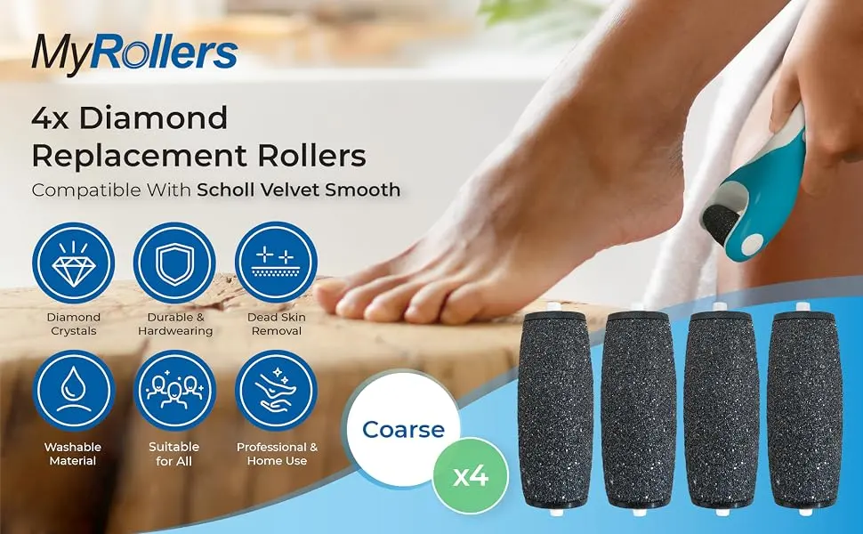 4 x Compatible with Scholl Velvet Smooth Diamond Refill Replacement Rollers (Coarse) - pedicure rollers replacement