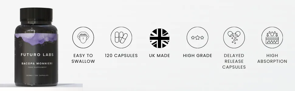 Bacopa Monnieri Capsules 350mg - Organic Brain/Memory Supplements - Made in The UK - 4 Month Supply - Bacopa Monnieri