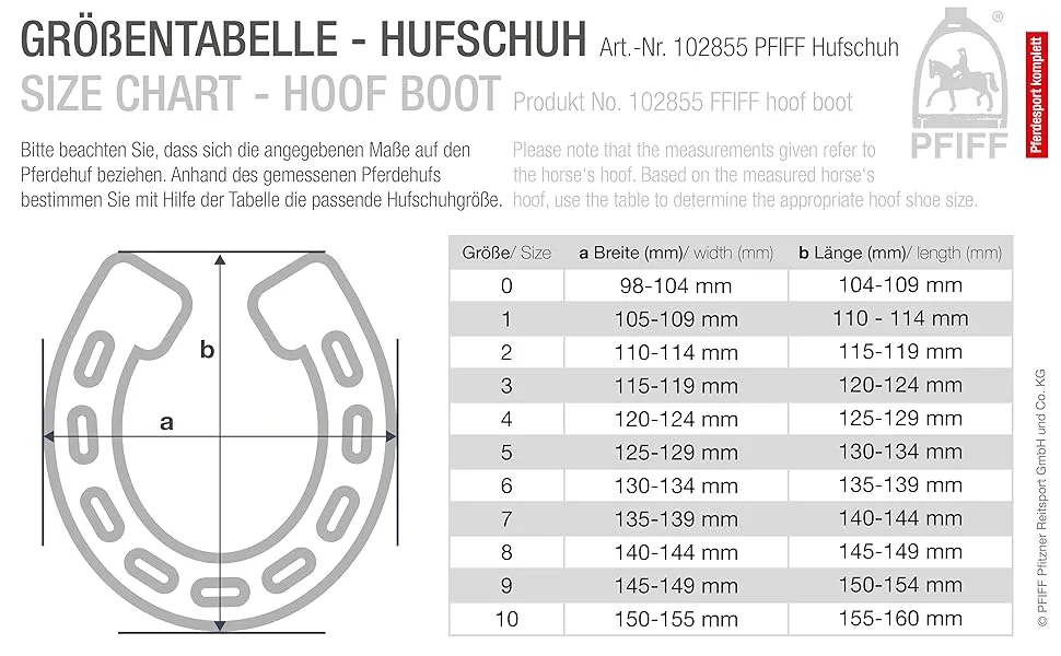 PFIFF 102855 non-slip and shock-absorbing hoof boot with cushioning for horses 8 black-blue - Size chart: