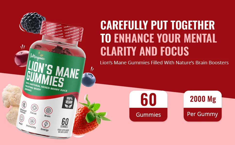 Lion's Mane Gummies - 2000mg Lions Mane Gummies for Adults - Mixed Berry Flavour Supplement - 60 Day Gummies (2 Month s Supply) - Lion