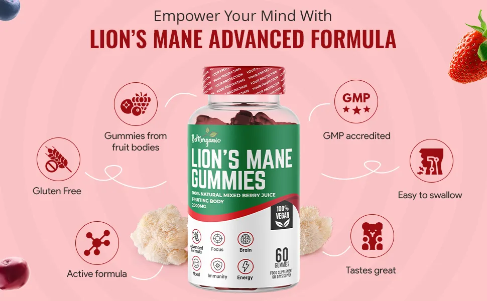 Lion's Mane Gummies - 2000mg Lions Mane Gummies for Adults - Mixed Berry Flavour Supplement - 60 Day Gummies (2 Month s Supply) - Lion
