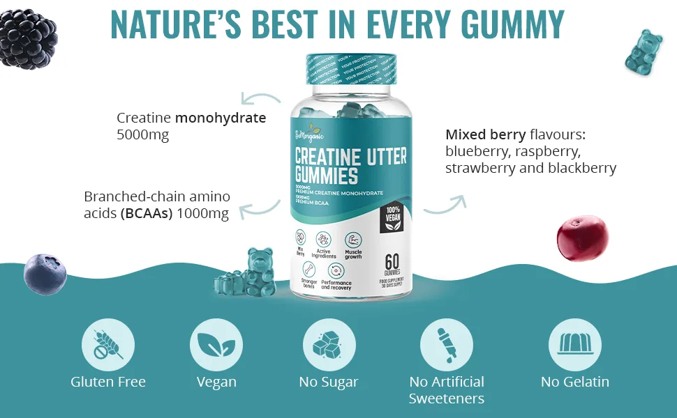 Creatine Gummies - 5000mg Creatine Monohydrate Gummies - 1000mg BCAAs Pre Workout Gummies - Gym Supplements for Men - Protein Gummies - Muscle Recovery - Sugar Free - UK Formulated - creatine utter gummies