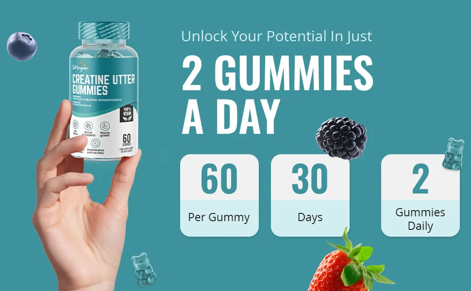 Creatine Gummies - 5000mg Creatine Monohydrate Gummies - 1000mg BCAAs Pre Workout Gummies - Gym Supplements for Men - Protein Gummies - Muscle Recovery - Sugar Free - UK Formulated - creatine utter gummies