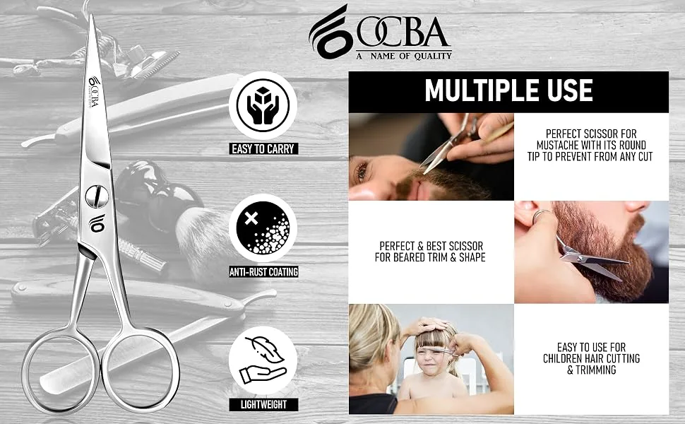 OCBA Beard Scissor Professional Moustache Scissors Ear and Nose Hair Trimming Scissors Stainless Steel Safety Use for Eyebrows - scissor