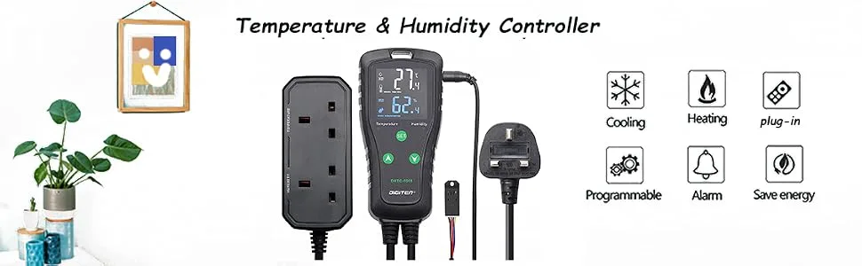 Temperature and Humidity Controller Outlet Plug-in Thermostat Humidistat Reptile Humidity Controller Greenhouse Thermostat Dual Stage Pre-Wired Electronic Temperature and Humidity Controller - Temperature and Humidity Controller