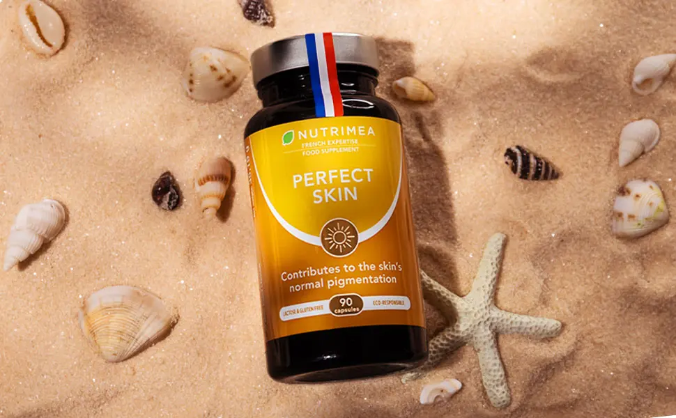 Perfect Skin - Tanning Accelerator Tablets - Natural Sun Protector - Bronzed Glow - 90 Vegan Capsules - Beta Carotene and Burdock - French Expertise - Nutrimea - perfect skin