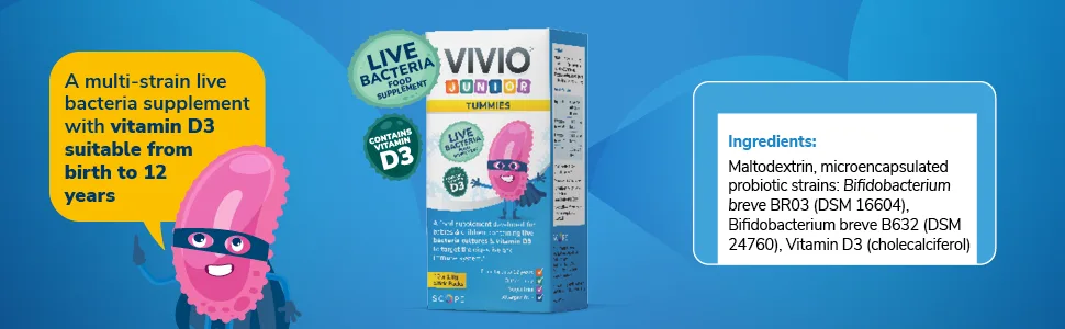 VIVIO Junior Tummies - A Multi-Strain Live Bacteria Supplement with Vitamin D3 Suitable for Little Ones from Birth to 12 Years - 10x1.6g - vivio timmies ingredients