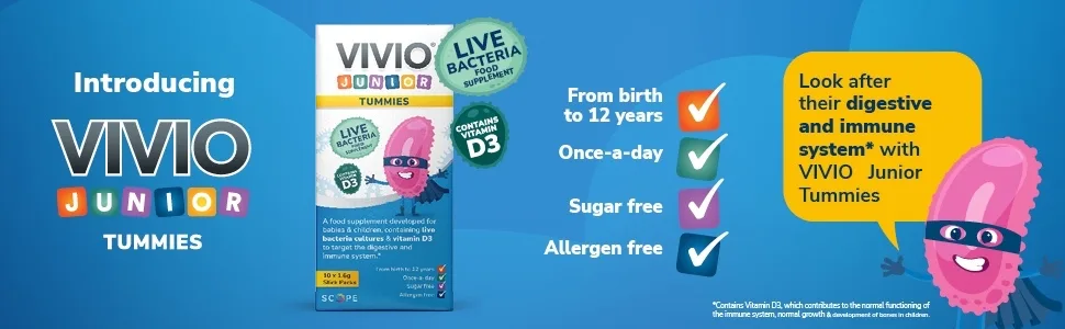 VIVIO Junior Tummies - A Multi-Strain Live Bacteria Supplement with Vitamin D3 Suitable for Little Ones from Birth to 12 Years - 10x1.6g - Vivio tummies main