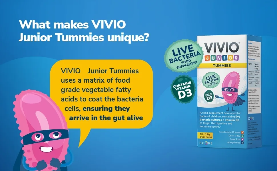 VIVIO Junior Tummies - A Multi-Strain Live Bacteria Supplement with Vitamin D3 Suitable for Little Ones from Birth to 12 Years - 10x1.6g - vivio tummies unique