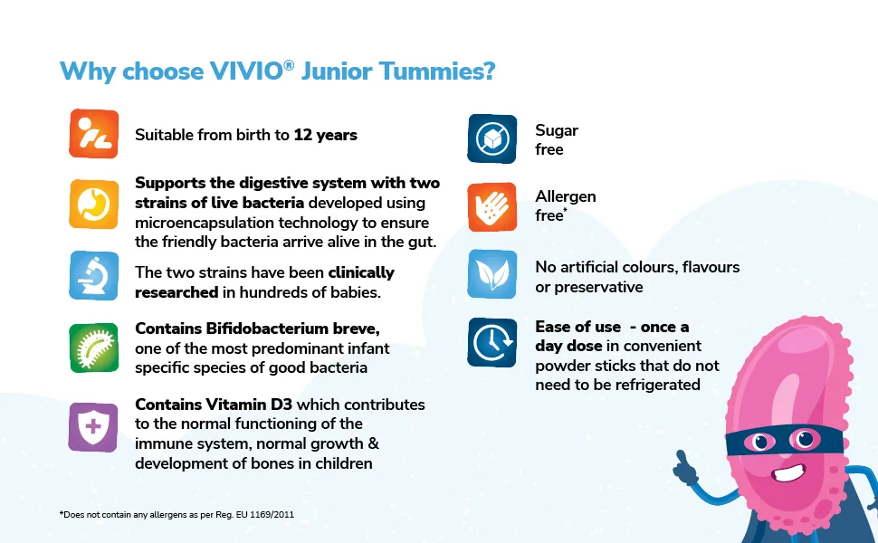 VIVIO Junior Tummies - A Multi-Strain Live Bacteria Supplement with Vitamin D3 Suitable for Little Ones from Birth to 12 Years - 10x1.6g - why choose vivio tummies