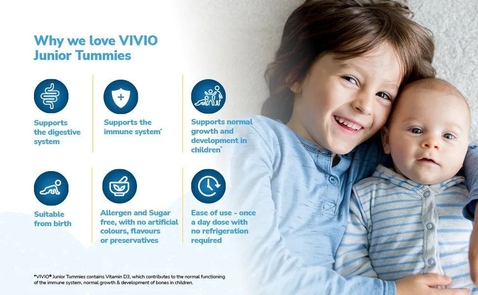 VIVIO Junior Tummies - A Multi-Strain Live Bacteria Supplement with Vitamin D3 Suitable for Little Ones from Birth to 12 Years - 10x1.6g - why we love vivio junior tummies