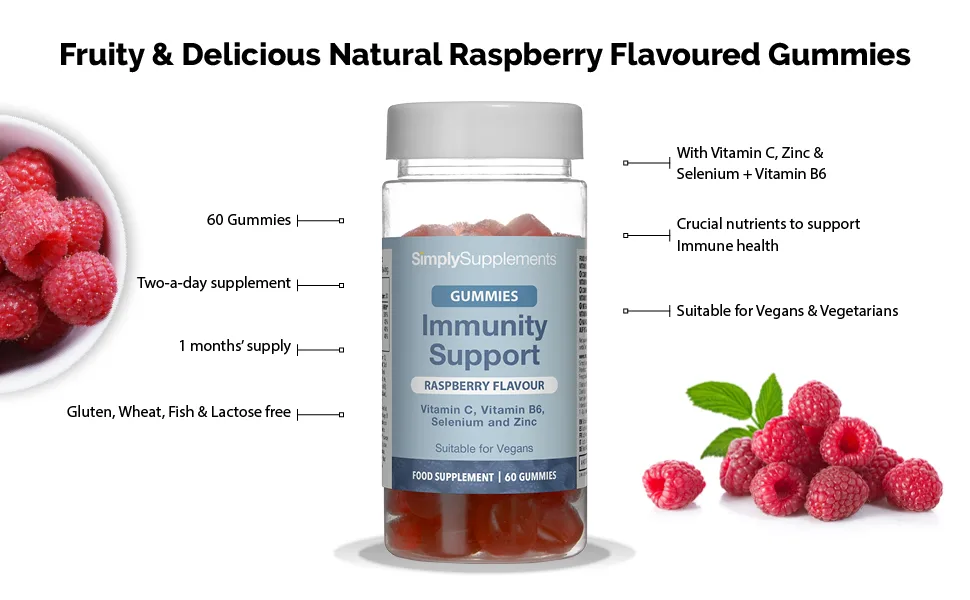 Immune Health Gummies | Supports Immune Health with Vitamin C Zinc & Selenium | Raspberry Flavour | 60 Gummies - Immunity Gummies 2