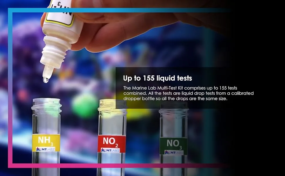 NT Labs Marine Lab Multi-Test Kit (4 Key Parameters - Ammonia Nitrite Nitrate & pH) Marine Water Test Kit Accurate Results Up to 155 Tests Combined Liquid Drop Tests - easy-to-use-aquarium-water-test