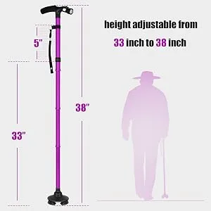 Folding Cane with Led Light Adjustable Canes and Walking Sticks for Arthritis Disabled and Elderly Purple - Adjustable height