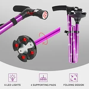 Folding Cane with Led Light Adjustable Canes and Walking Sticks for Arthritis Disabled and Elderly Purple - Safety Slip Resistant