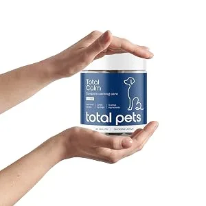 Total Calm Calming Tablets for Dogs | Reduces Stress Anxiety Barking Fear Hyperactivity Aggression | Tasty Chicken Flavour | 60 Tablets | Puptons - Total Calm Calming Tablets in Hands