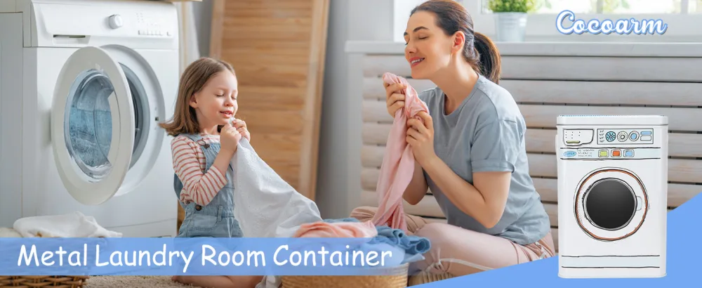 Laundry Powder Metal Box Laundry Gel Storage Box Laundry Detergent Canister with Transparent Skylight Design Unique Washing Machine Shape Laundry Powder Bin - product information 1