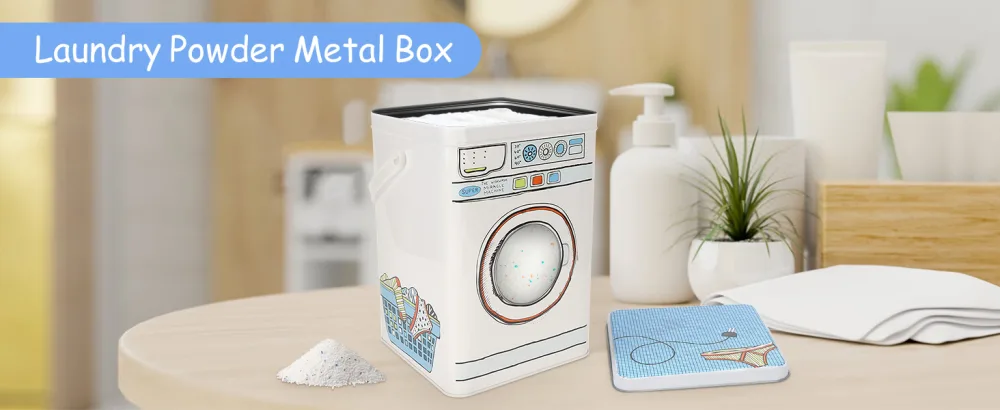 Laundry Powder Metal Box Laundry Gel Storage Box Laundry Detergent Canister with Transparent Skylight Design Unique Washing Machine Shape Laundry Powder Bin - product information 2