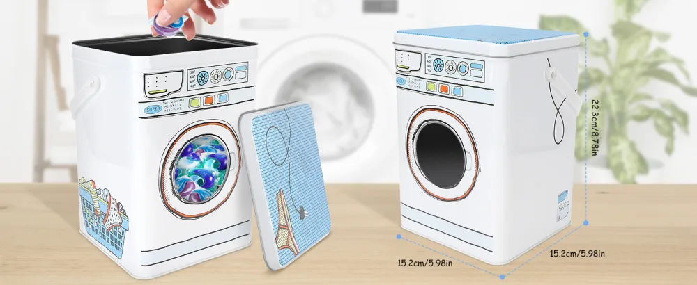 Laundry Powder Metal Box Laundry Gel Storage Box Laundry Detergent Canister with Transparent Skylight Design Unique Washing Machine Shape Laundry Powder Bin - product information 3