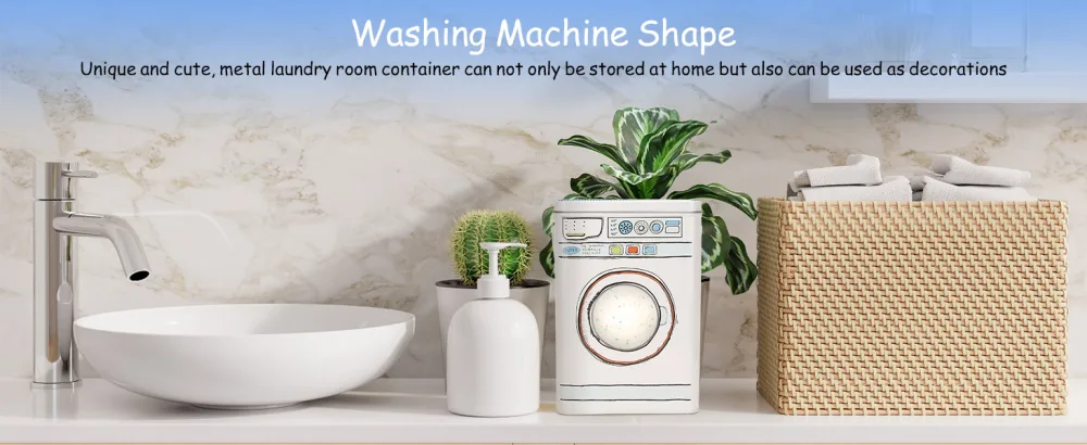Laundry Powder Metal Box Laundry Gel Storage Box Laundry Detergent Canister with Transparent Skylight Design Unique Washing Machine Shape Laundry Powder Bin - product information 5