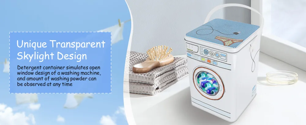 Laundry Powder Metal Box Laundry Gel Storage Box Laundry Detergent Canister with Transparent Skylight Design Unique Washing Machine Shape Laundry Powder Bin - product information 6