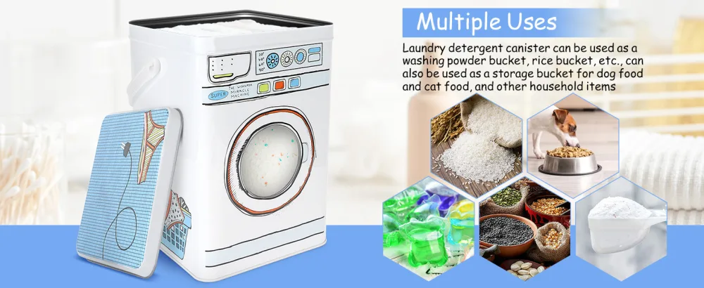 Laundry Powder Metal Box Laundry Gel Storage Box Laundry Detergent Canister with Transparent Skylight Design Unique Washing Machine Shape Laundry Powder Bin - product information 7