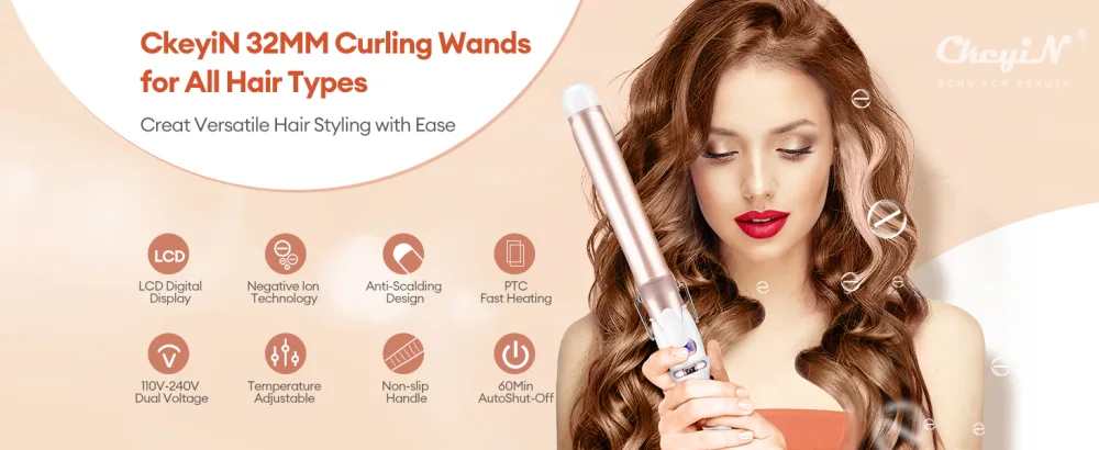 CkeyiN Curling Wands 32mm Curling Irons for Long&Short Hair with Glove 80 230 Adjustable Automatic Shut-Down LCD Screen - Curling Irons for Long&Short