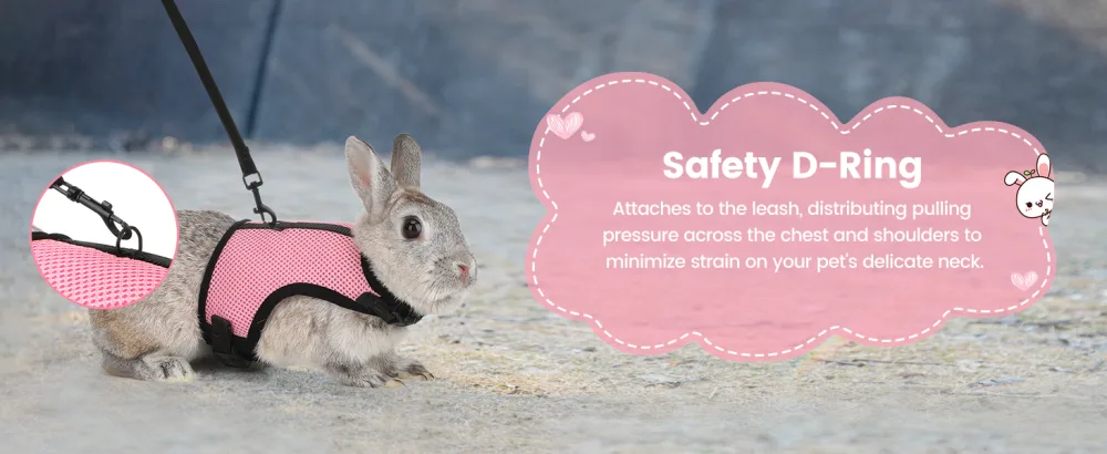 HAPPY HACHI Rabbits Harness With Elastic Lead Adjustable Rabbit Harness And Lead Set Mesh Vest for Hamsters Small Cats Guinea Pig Walking(S Pink) S Pink - Safety D-Ring