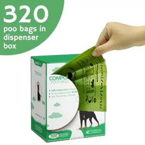 Alpha Pets Compostable Dog Poo Bags With Easy-Tie Handles - 320 Medium-Large Biodegradable Cornstarch Pet Waste Bags - 3 Month Supply With Dispenser Box - bulk pet poo bags