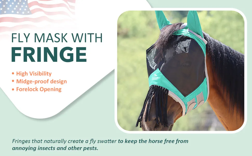 Harrison Howard CareMaster Horse Fly mask with Ears and Nose Fringe Fly Protector Defender Mask Summer Mint Full Size Full (Large) Summer Mint - fly mask