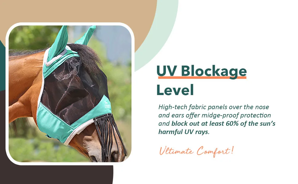 Harrison Howard CareMaster Horse Fly mask with Ears and Nose Fringe Fly Protector Defender Mask Summer Mint Full Size Full (Large) Summer Mint - fly mask