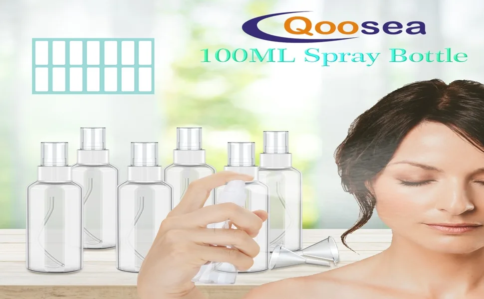 10 x 100ml Spray Bottles Empty Clear Fine Mist Spray Bottles Plastic Mini Travel Atomiser Bottle Set Small Refillable Liquid Containers with 2pcs Funnels and 14pcs Labels for Cosmetic Makeup - product information 1