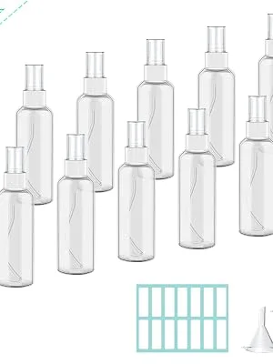10 x 100ml Spray Bottles Empty Clear Fine Mist Spray Bottles Plastic Mini Travel Atomiser Bottle Set Small Refillable Liquid Containers with 2pcs Funnels and 14pcs Labels for Cosmetic Makeup - product information 2