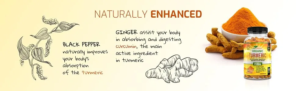 Organic Turmeric Curcumin 2130mg with Organic Ginger and Organic Black Pepper - 180 Vegan Capsules (6 Month Supply) - High Strength Tumeric Supplement - Turmeric Curcumin Capsules Tablets