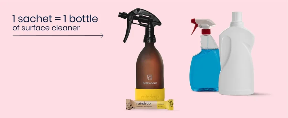 Raindrop Plastic Free Cleaning | 3x Bathroom Cleaning Refills | Just Add Water | Removes Limescale Soap Scum Bathroom Cleaning Refills 3x - Lemon - 1 sachet = 1 bottle of surface cleaner