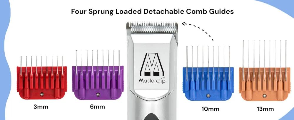 Masterclip Dog Clippers for Cockapoo Cavapoo Cavachon Labradoodle & Poodle. Mains Powered Dog Clippers with #10 & 3mm 6mm 10mm 13mm Comb Guides - Masterclip Pedigree Pro Dog Clipper