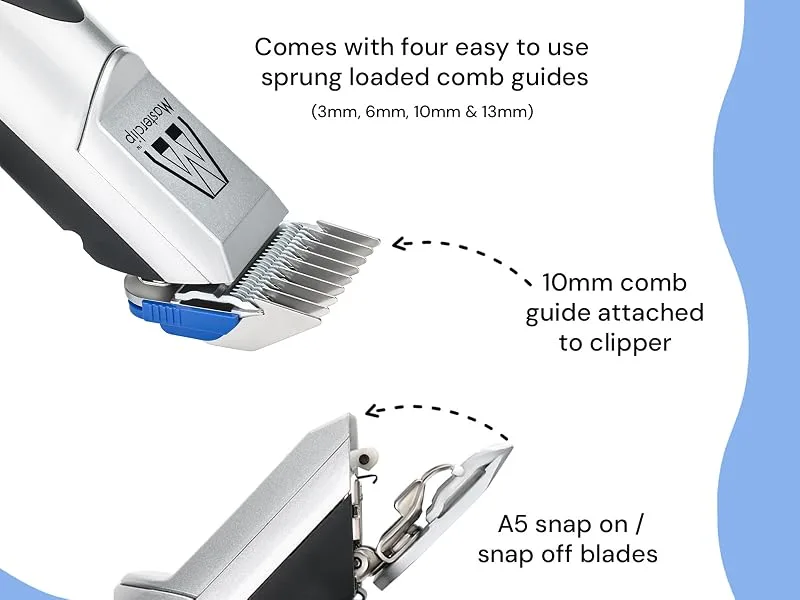 Masterclip Dog Clippers for Cockapoo Cavapoo Cavachon Labradoodle & Poodle. Mains Powered Dog Clippers with #10 & 3mm 6mm 10mm 13mm Comb Guides - Masterclip Pedigree Pro with Comb Guide attached