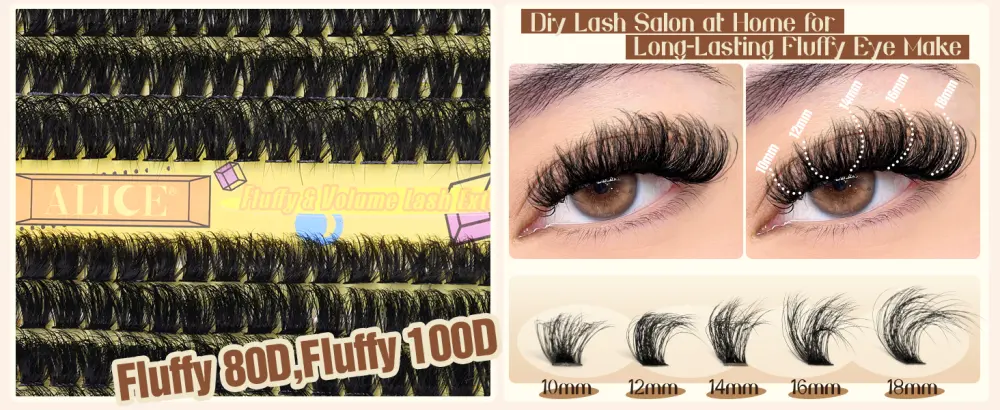 ALICE Fluffy Eyelash Extensions 3D Volume Lash Clusters Dramatic Thick Individual Lashes DIY Eyelash Extensions(10-18mm 80D+100D 0.05D D Curl) B - Fluffy 80D+100D - lash clusters