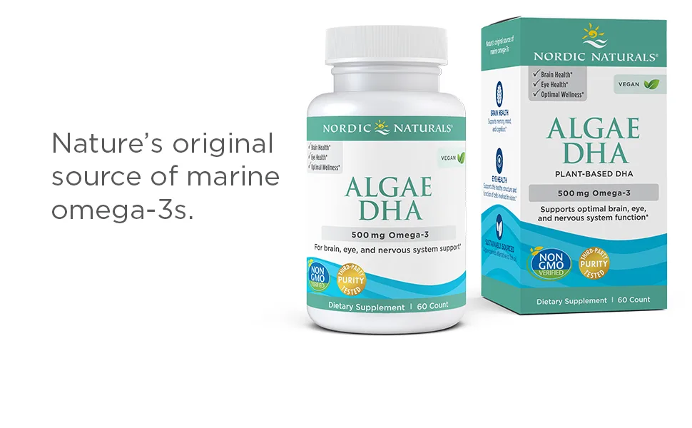 Nordic Naturals Algae DHA 60 Soft Gels - Nordic Naturals Algae DHA box and bottle shot