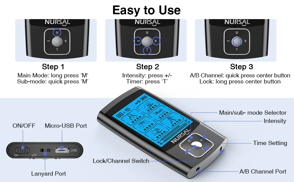 NURSAL TENS Unit Electronic Pulse Massager - Dark Black - back neck elbow pain relief device