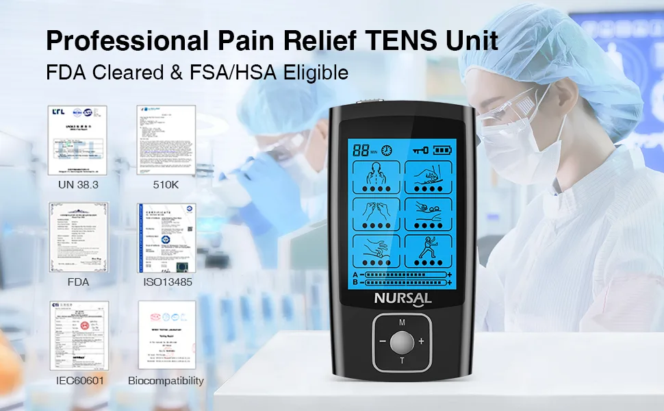 NURSAL TENS Unit Electronic Pulse Massager - Dark Black - tens unit muslce stimulator for pain relief FDA establishment registration number is 3008689723