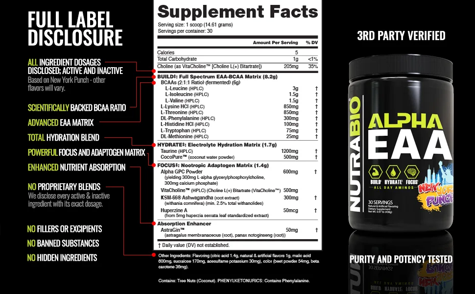 NutraBio Labs Alpha EAA Cherry Lime Slush 1 lb (455 g) - full label disclosure