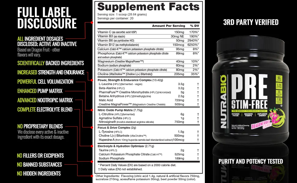 NutraBio Labs PRE-Workout Stim-Free Dragonfruit Candy  1.3 lb (573 g) - full label disclosure
