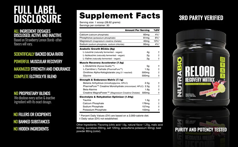 NutraBio Labs Reload Recovery Matrix Orange Mango 1.83 lb (829 g) - full label disclosure