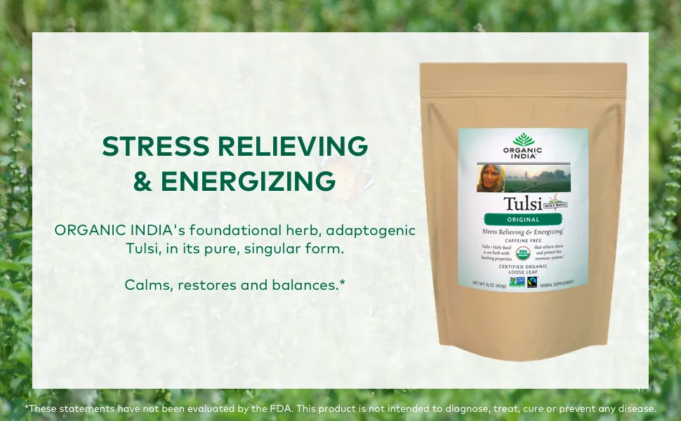 Organic India Tulsi Loose Leaf Tea Original Caffeine-Free 16 oz (454 g) - stress relieving energizing calms restores balances