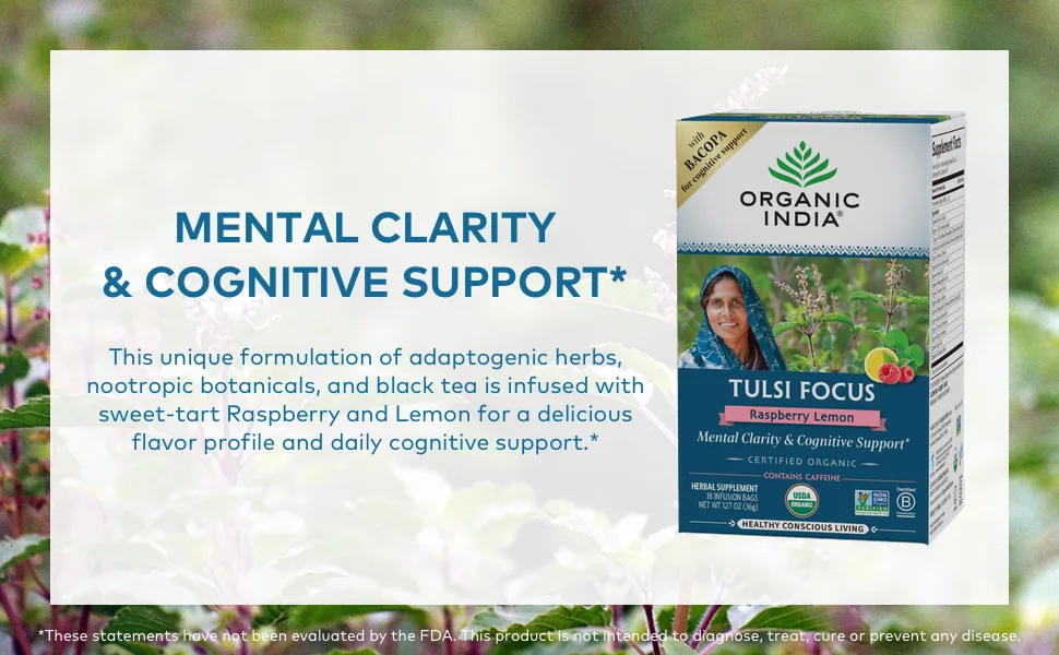 Organic India Tulsi Tea Focus Raspberry Lemon 18 Infusion Bags 1.27 oz (36 g) - strainer cup loose leaf chai detox ginger chamomile hibiscus