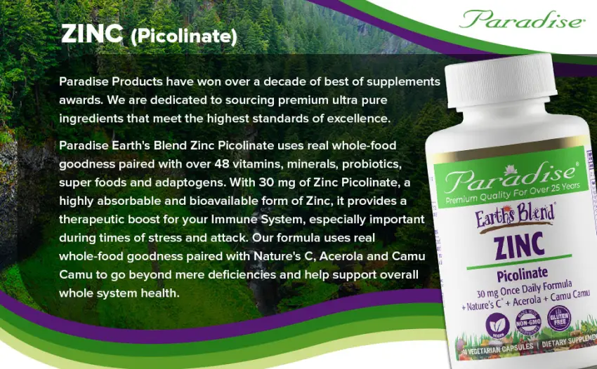 Paradise Herbs Earth's Blend Zinc Picolinate 90 Vegetarian Capsules - Paradise herbs