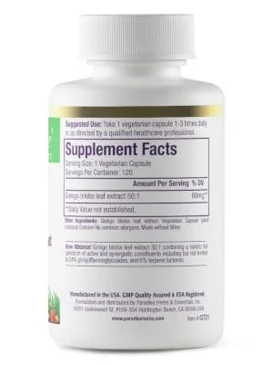 Paradise Herbs Ginkgo Biloba 60 Vegetarian Capsules - Paradise Herbs