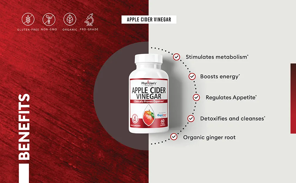 Physician's Choice Apple Cider Vinegar - 60 Capsules - benefits apple cider vinegar boosts energy stimulates metabolism